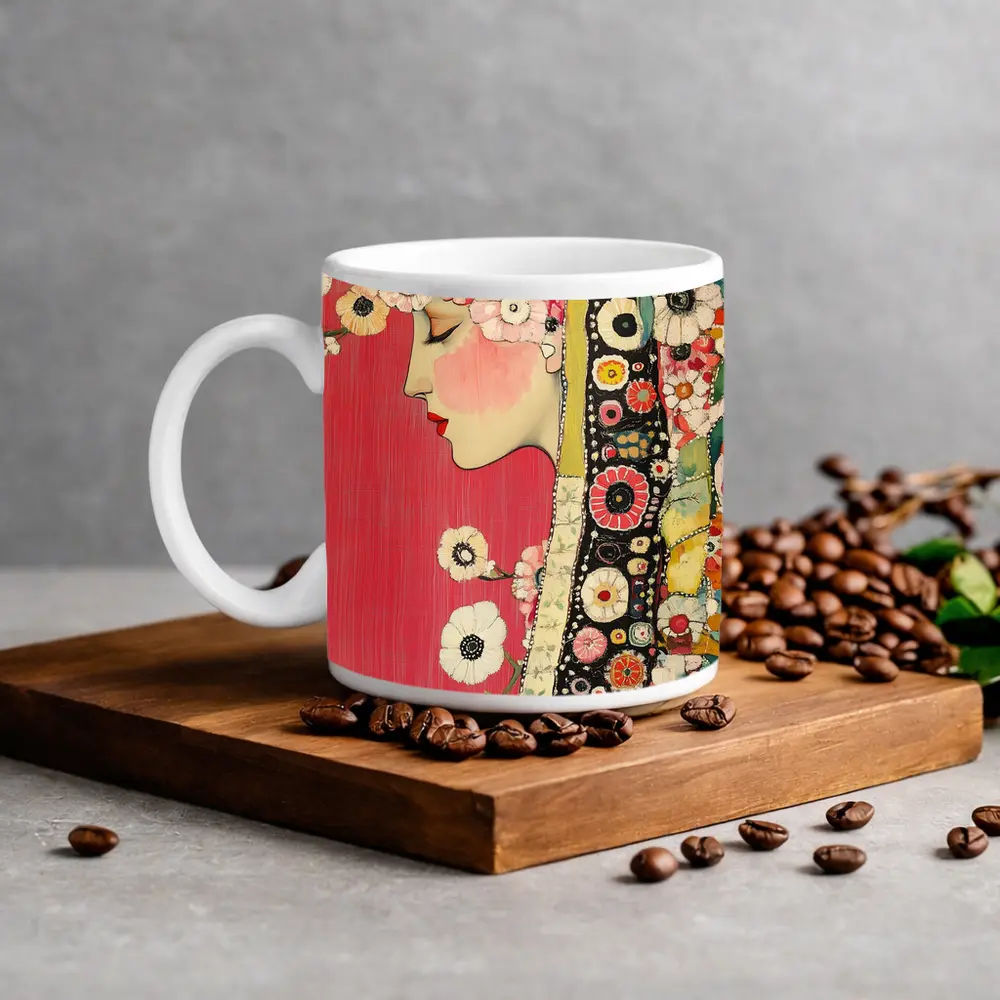 Floral Woman Profile Portrait Pink Background Art – Mugs