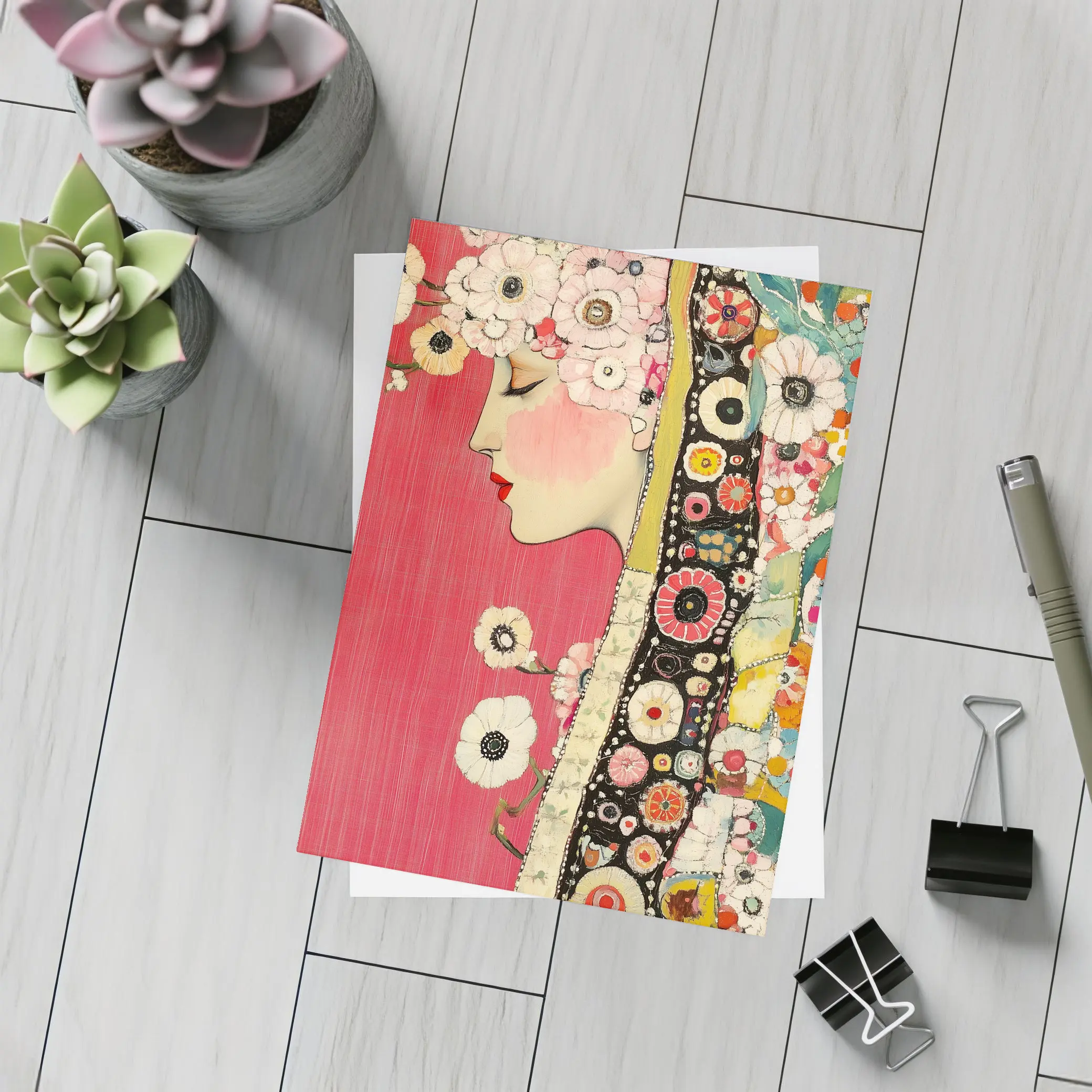 Floral Woman Profile Portrait Pink Background Art – Postcards