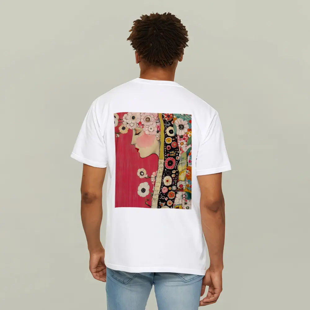 Floral Woman Profile Portrait Pink Background Art – T-Shirts