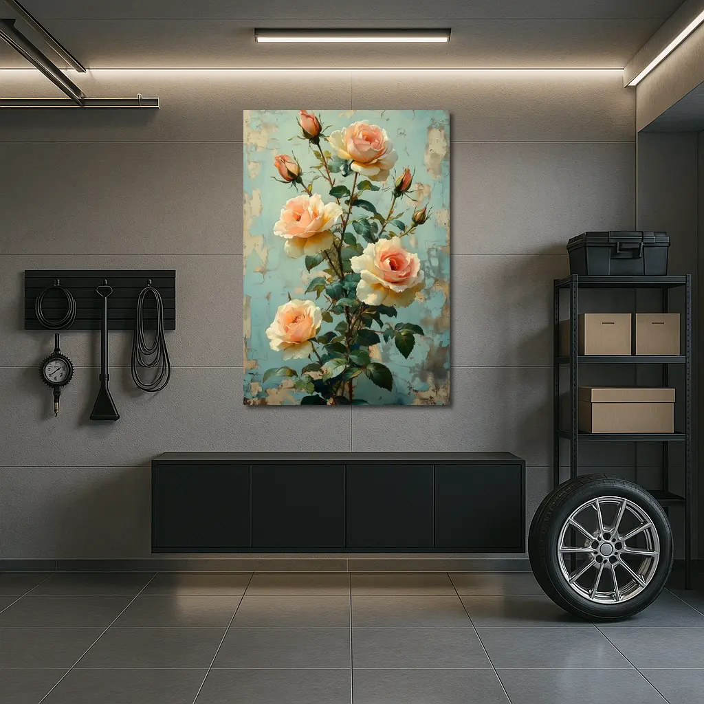 Peach Roses Painting Distressed Blue Background – Wall Art