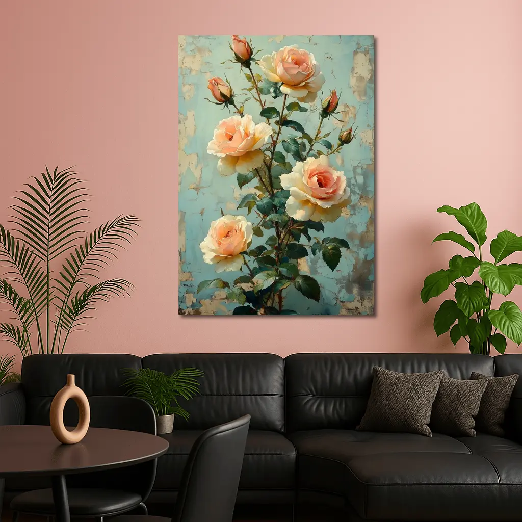 Peach Roses Painting Distressed Blue Background – Wall Art