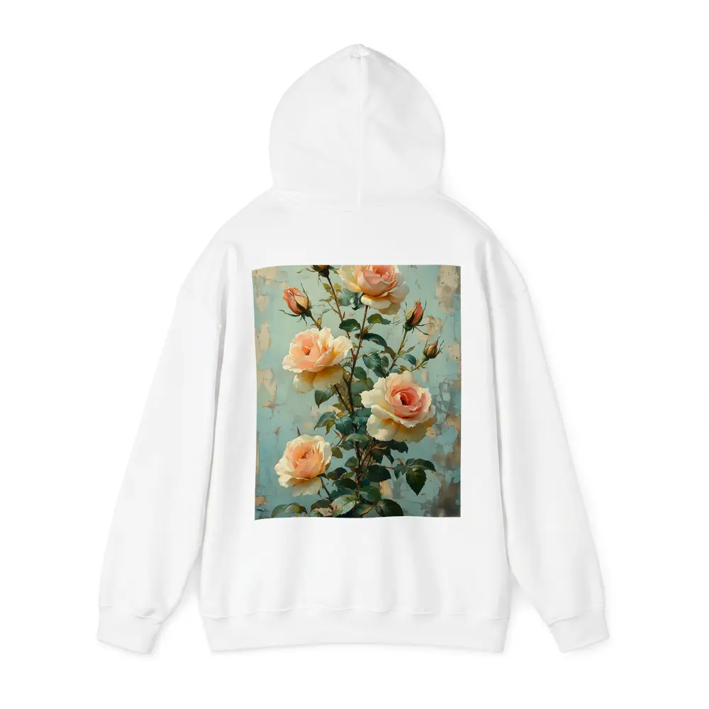 Peach Roses Painting Distressed Blue Background – Hoodies