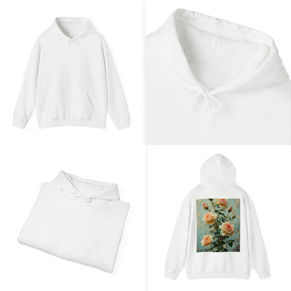 Peach Roses Painting Distressed Blue Background – Hoodies