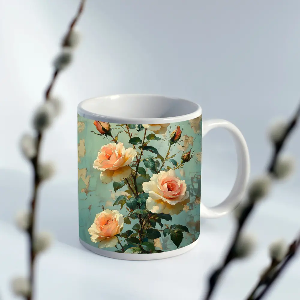Peach Roses Painting Distressed Blue Background – Mugs