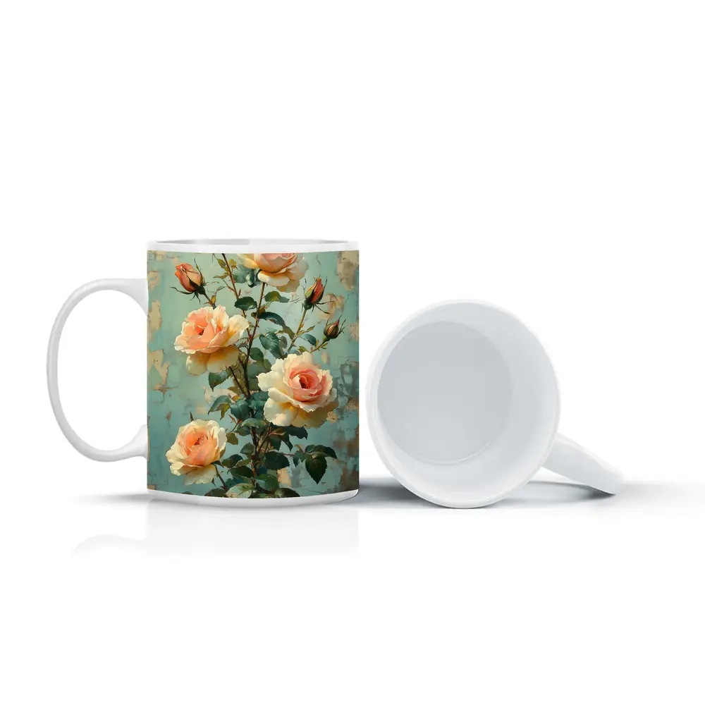 Peach Roses Painting Distressed Blue Background – Mugs