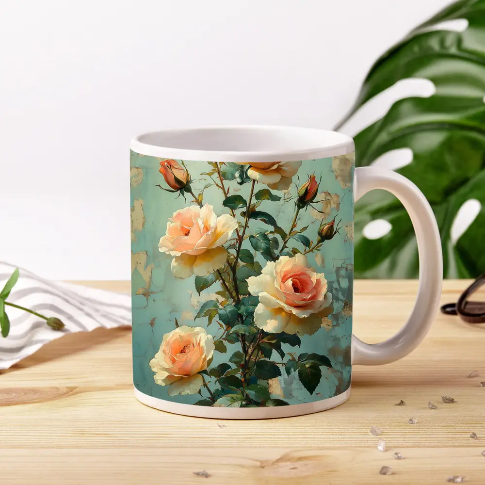 Peach Roses Painting Distressed Blue Background – Mugs