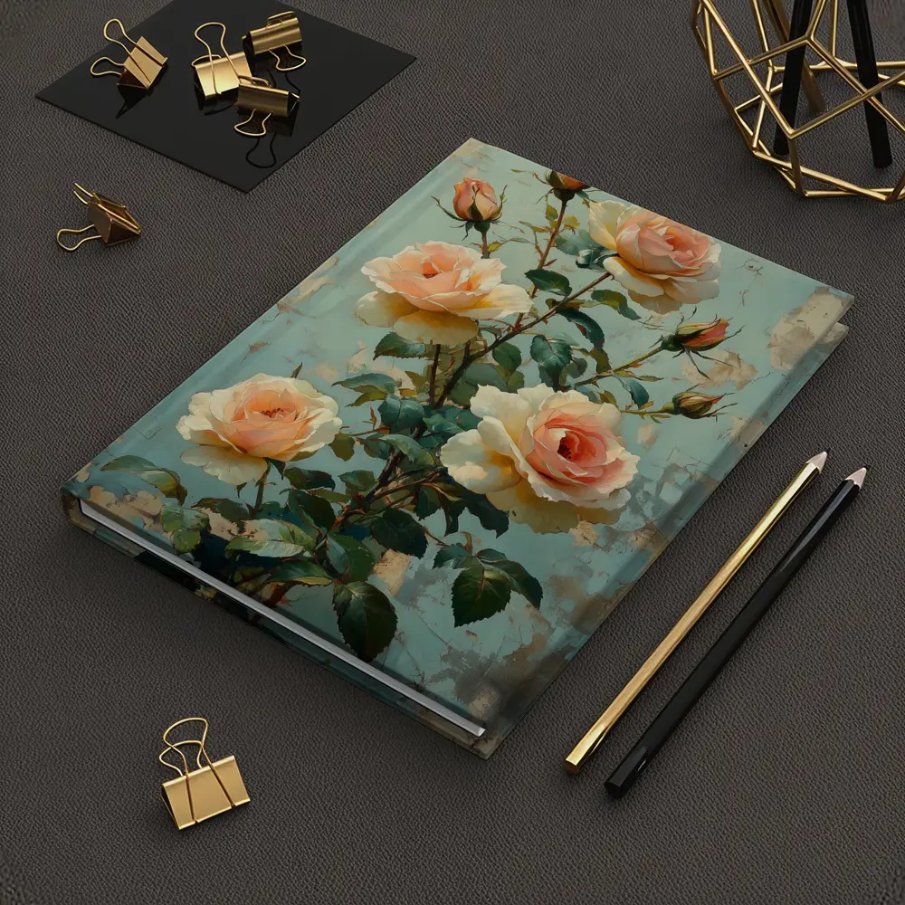 Peach Roses Painting Distressed Blue Background – Notebooks