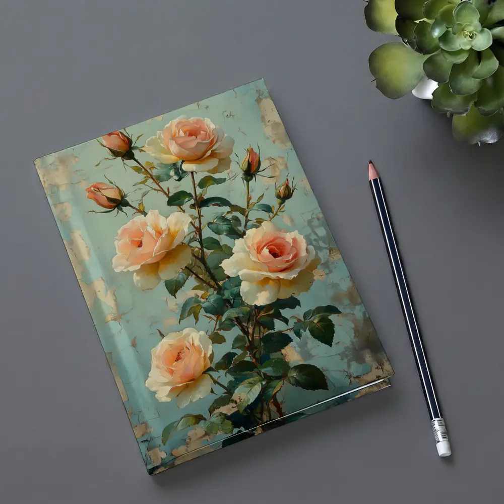 Peach Roses Painting Distressed Blue Background – Notebooks