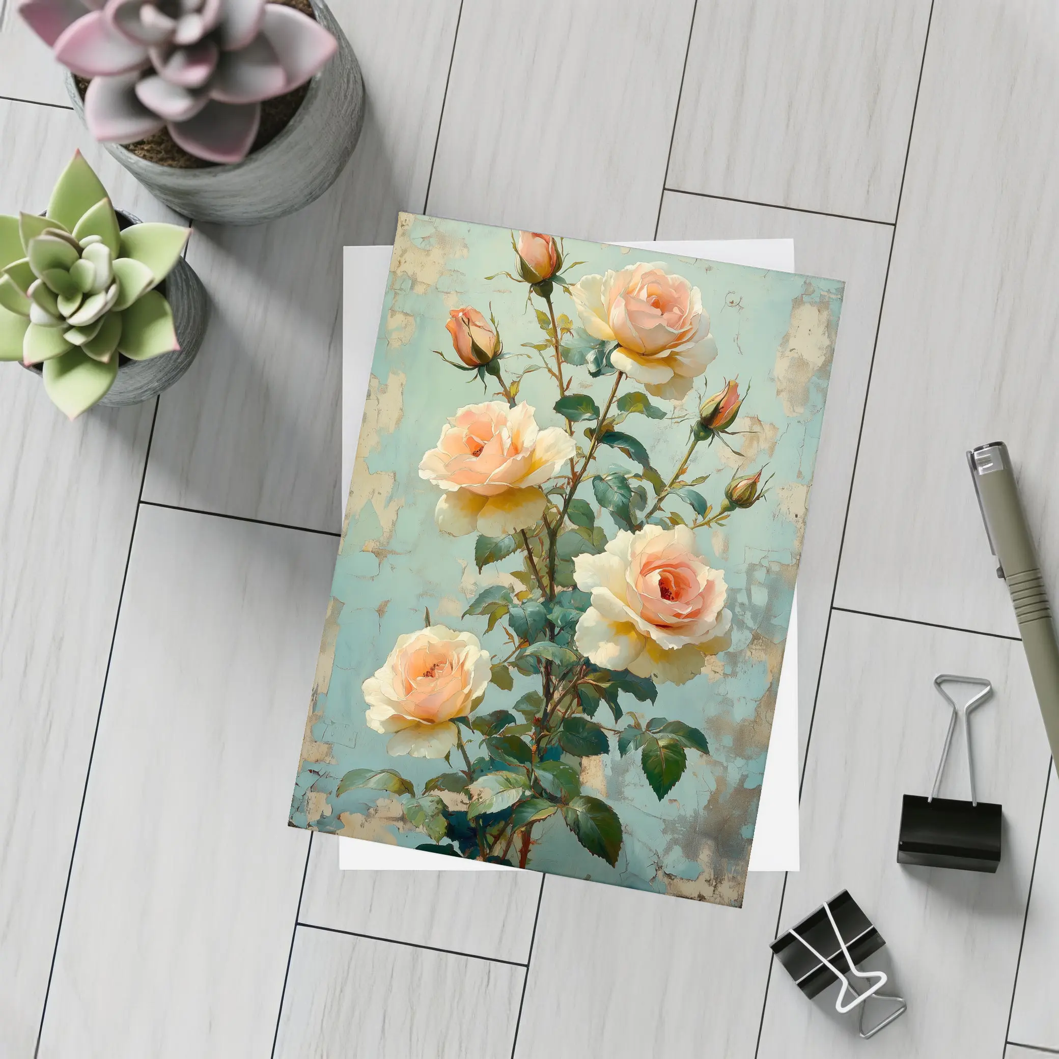 Peach Roses Painting Distressed Blue Background – Postcards