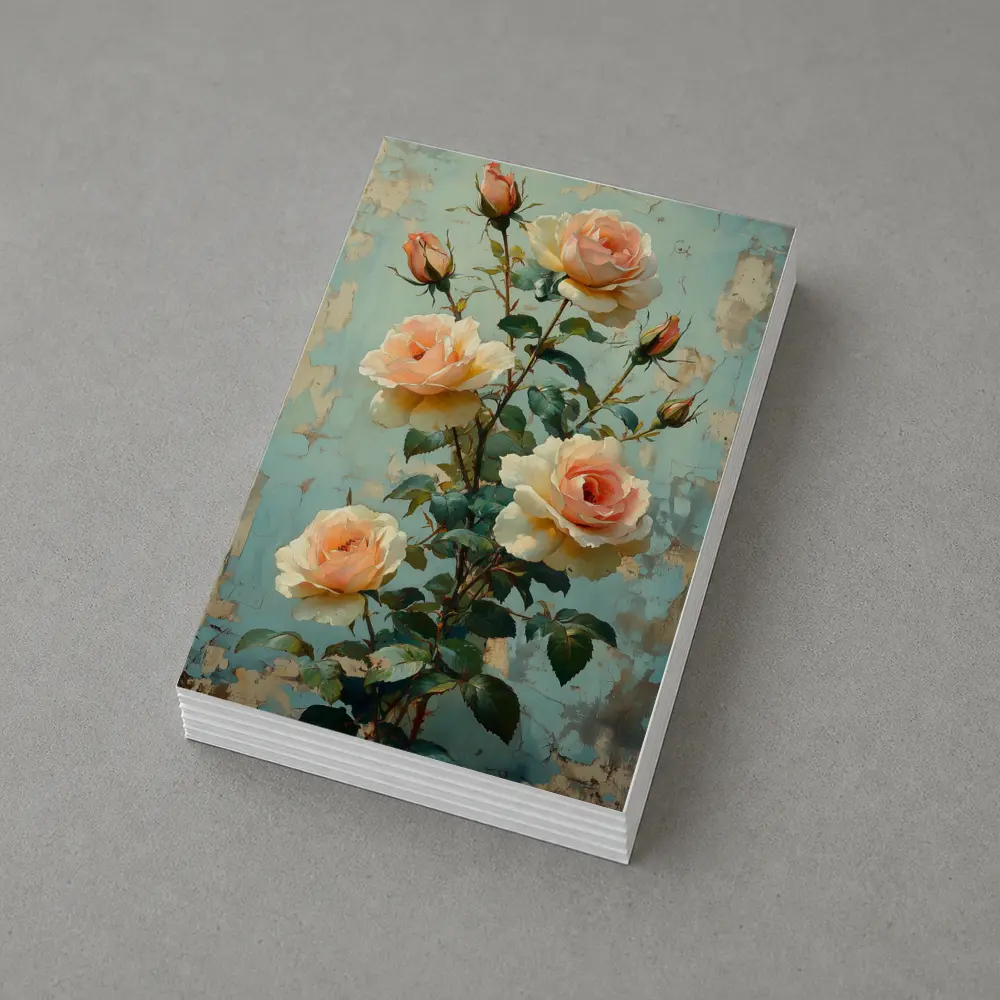 Peach Roses Painting Distressed Blue Background – Postcards