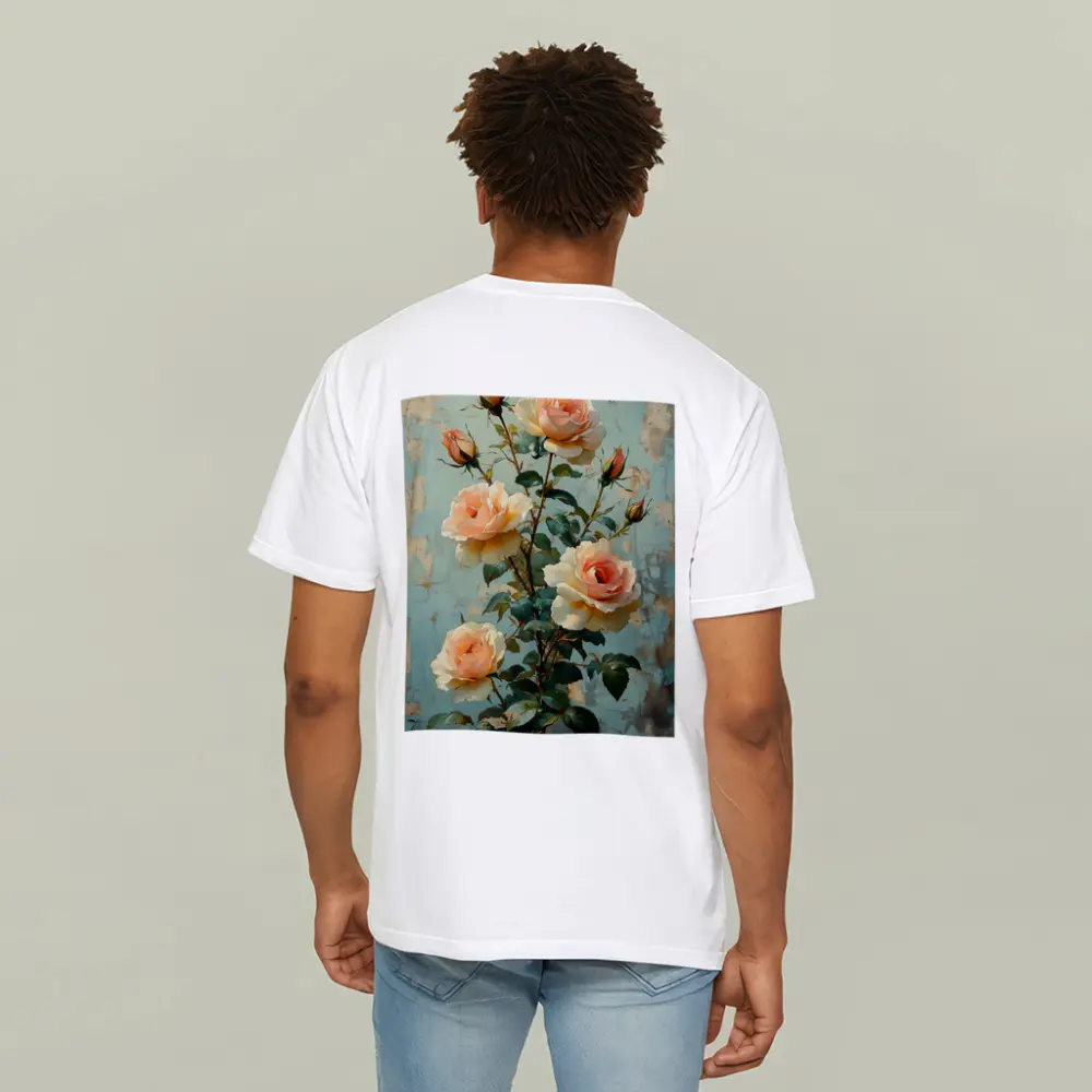 Peach Roses Painting Distressed Blue Background – T-Shirts