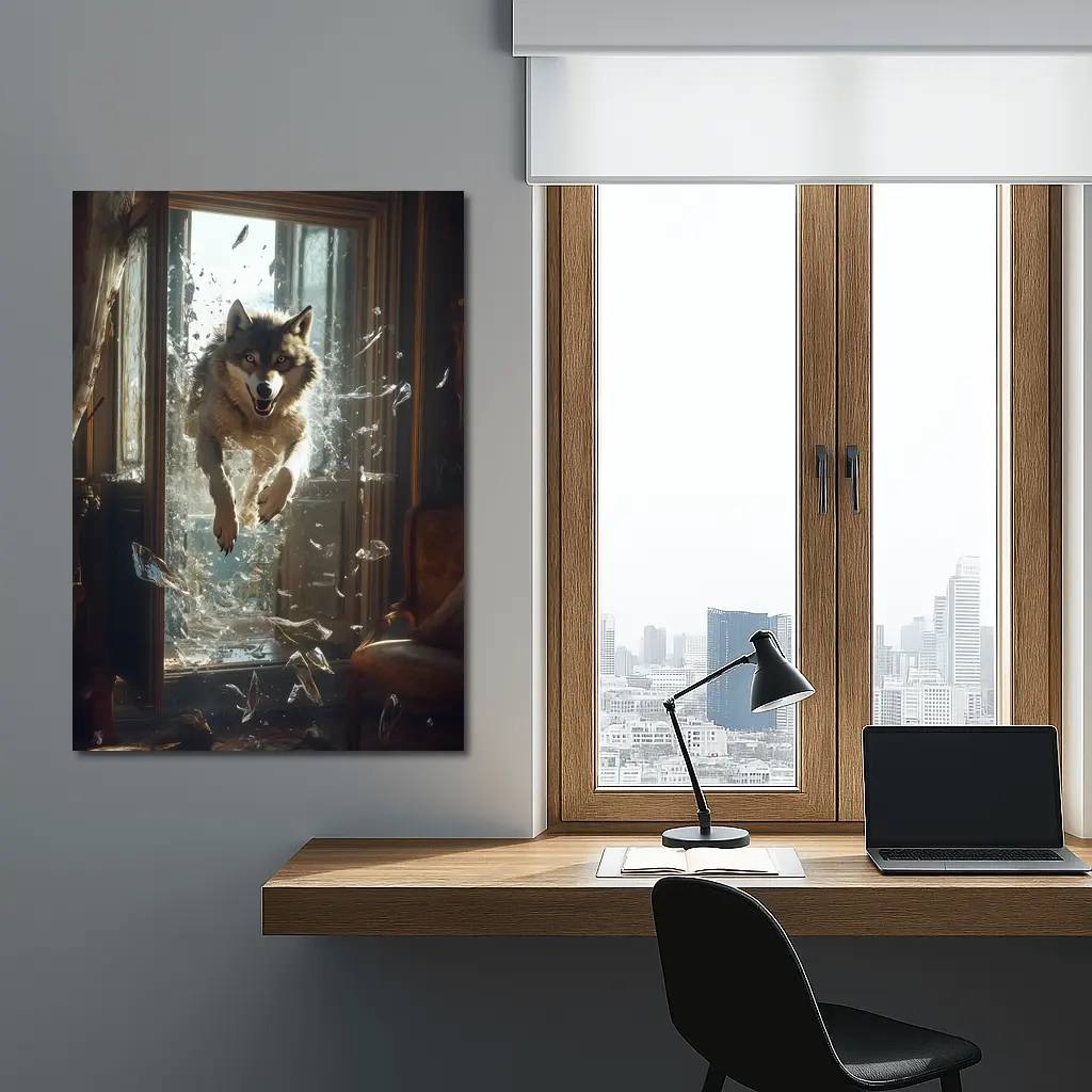 Wolf Leaping Through Shattered Glass Window – Wall Art
