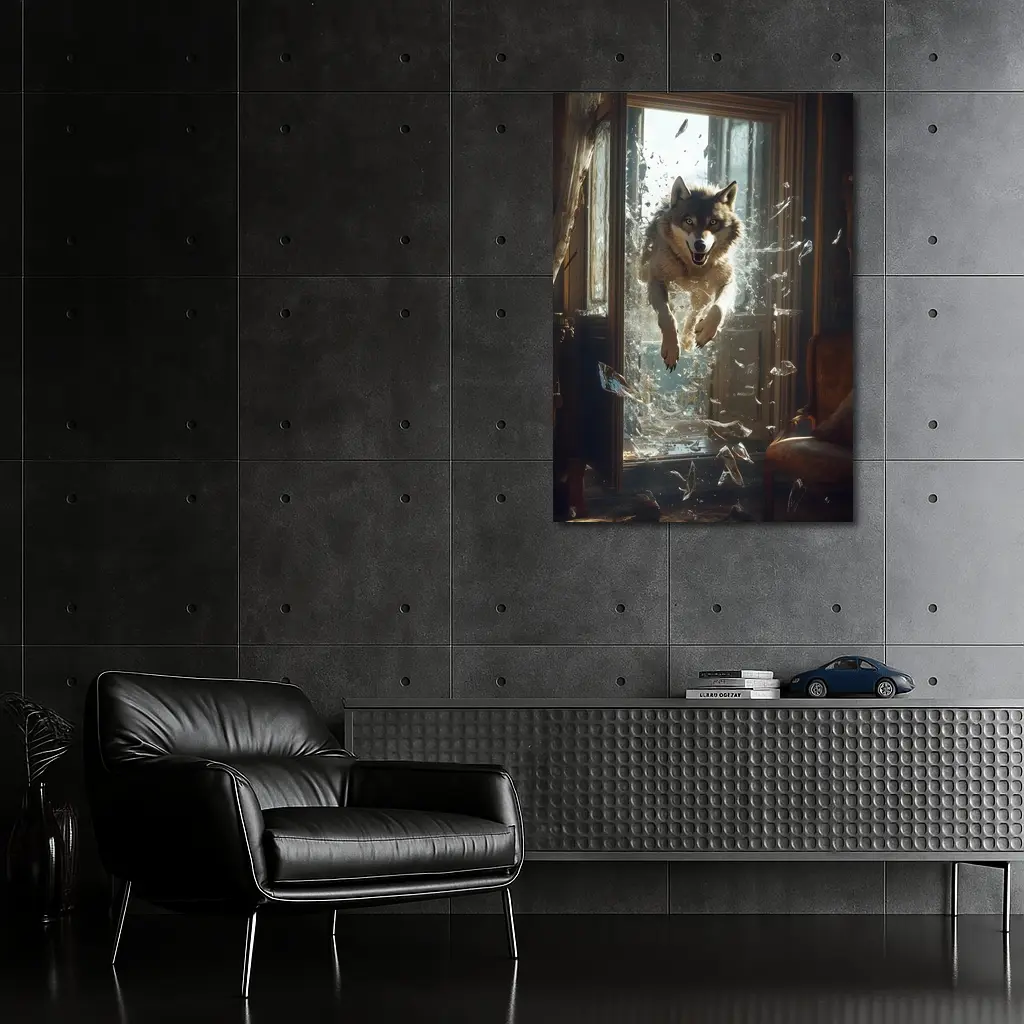 Wolf Leaping Through Shattered Glass Window – Wall Art