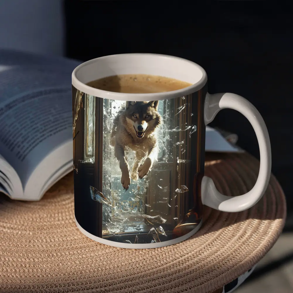 Wolf Leaping Through Shattered Glass Window – Mugs