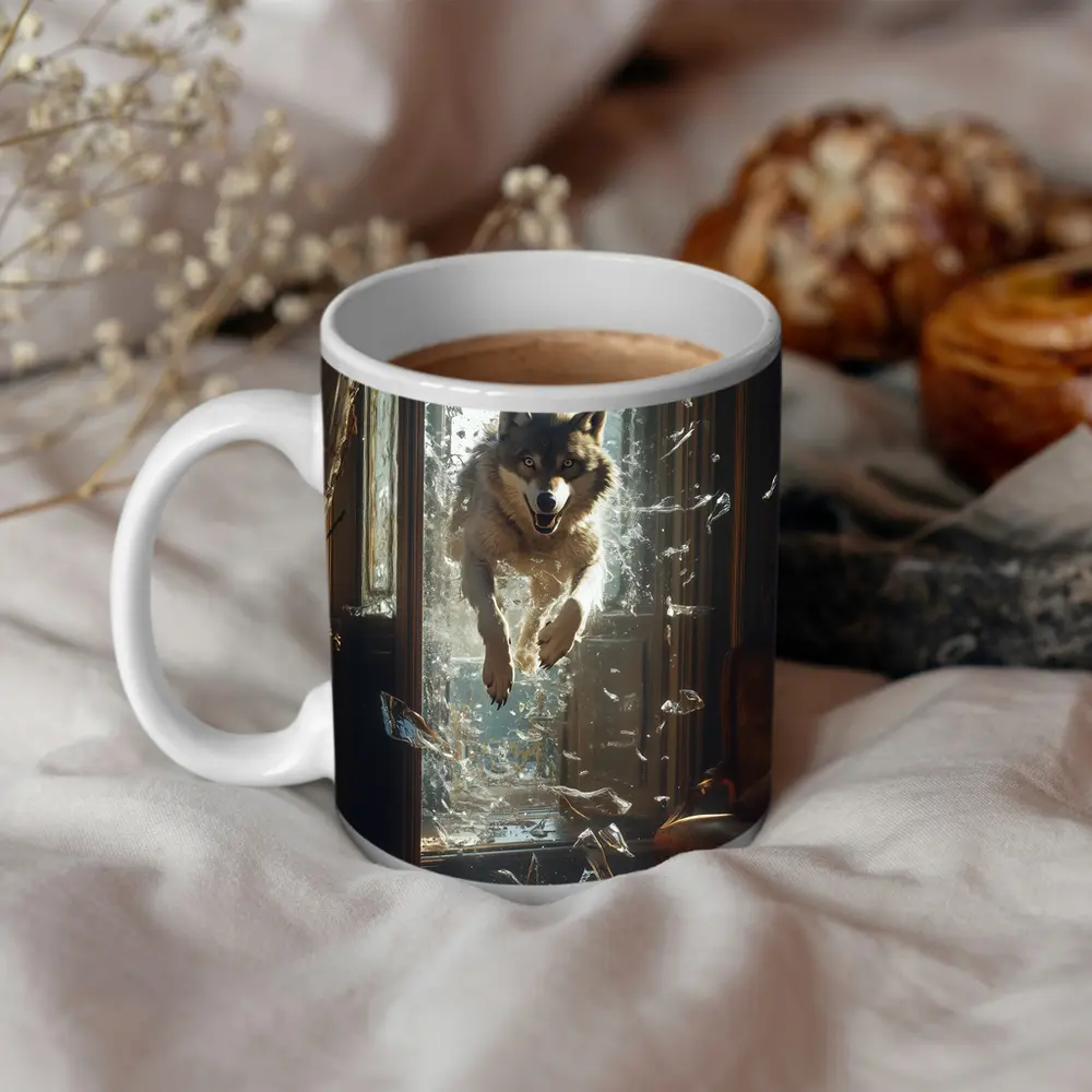 Wolf Leaping Through Shattered Glass Window – Mugs