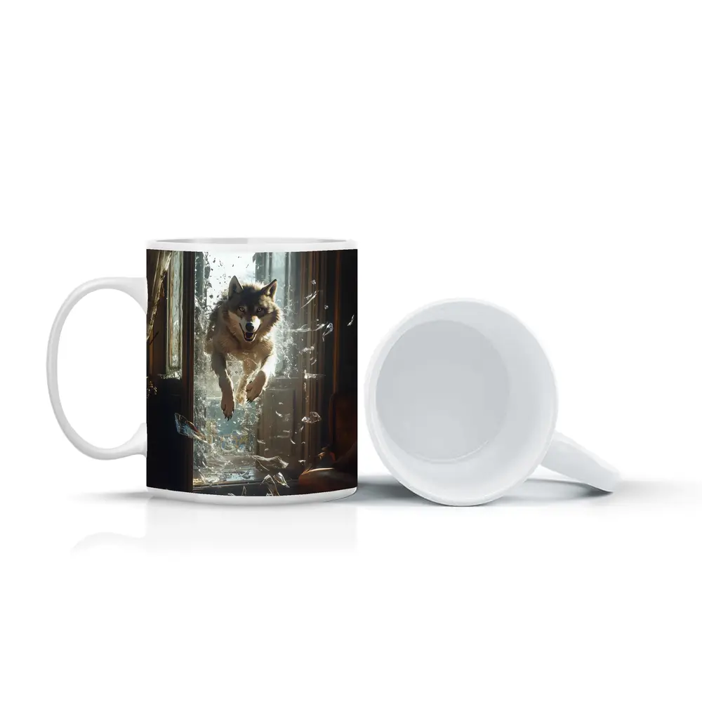 Wolf Leaping Through Shattered Glass Window – Mugs