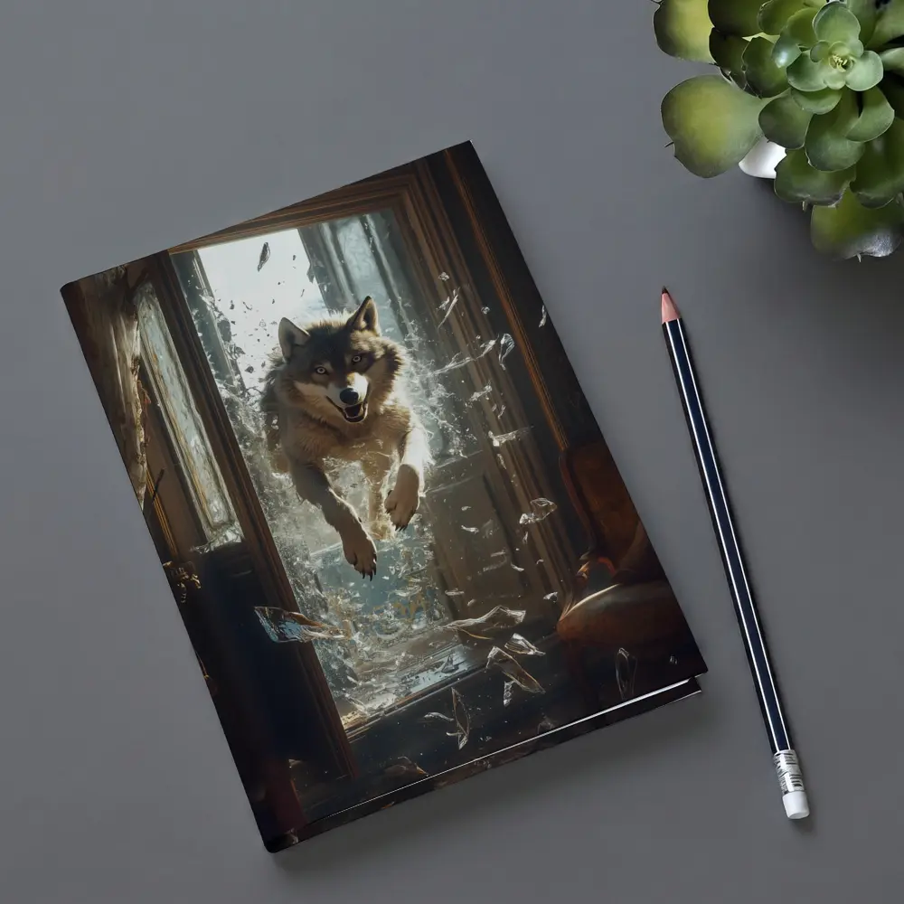 Wolf Leaping Through Shattered Glass Window – Notebooks