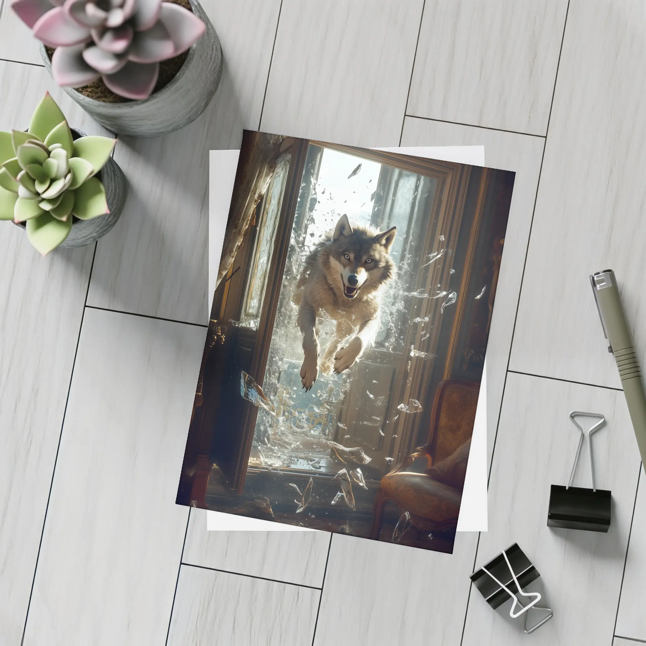 Wolf Leaping Through Shattered Glass Window – Postcards