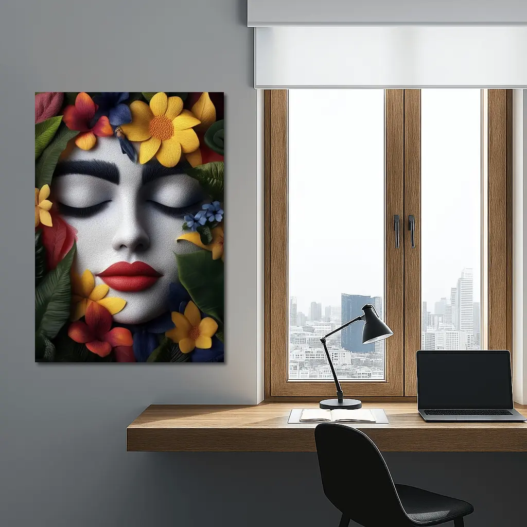 Woman Face Tropical Flowers Colorful Leaves – Wall Art