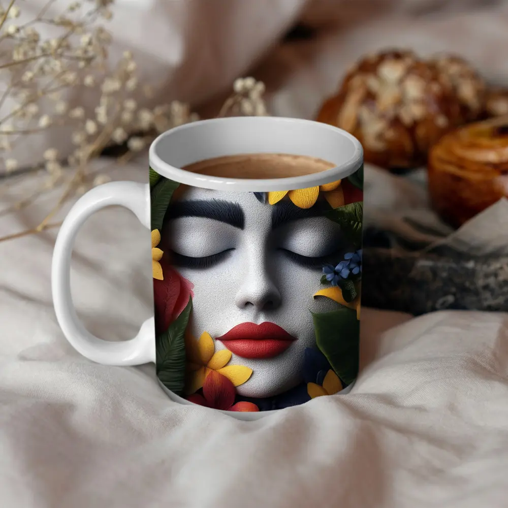 Woman Face Tropical Flowers Colorful Leaves – Mugs