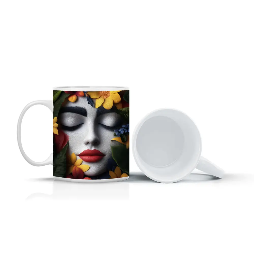 Woman Face Tropical Flowers Colorful Leaves – Mugs