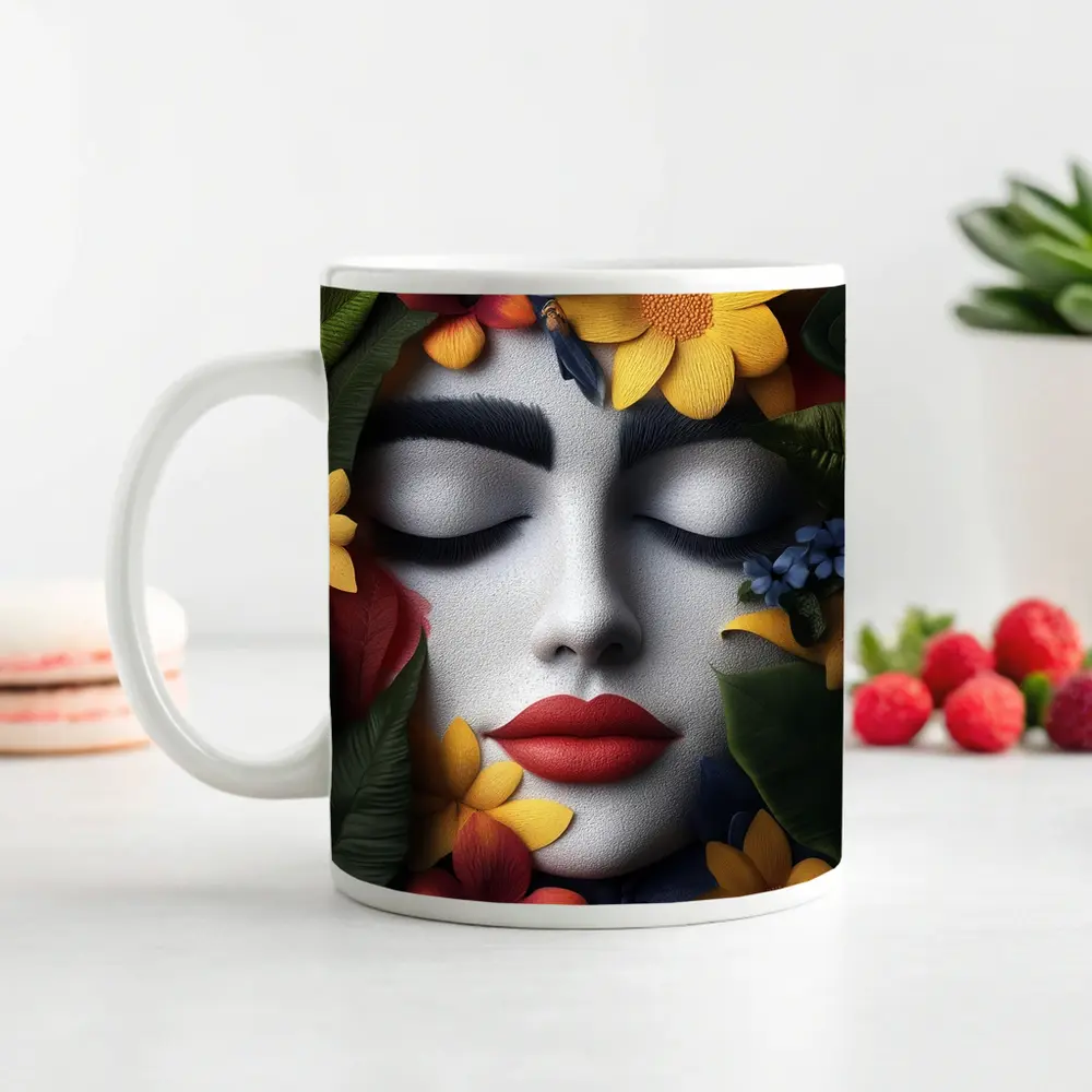 Woman Face Tropical Flowers Colorful Leaves – Mugs