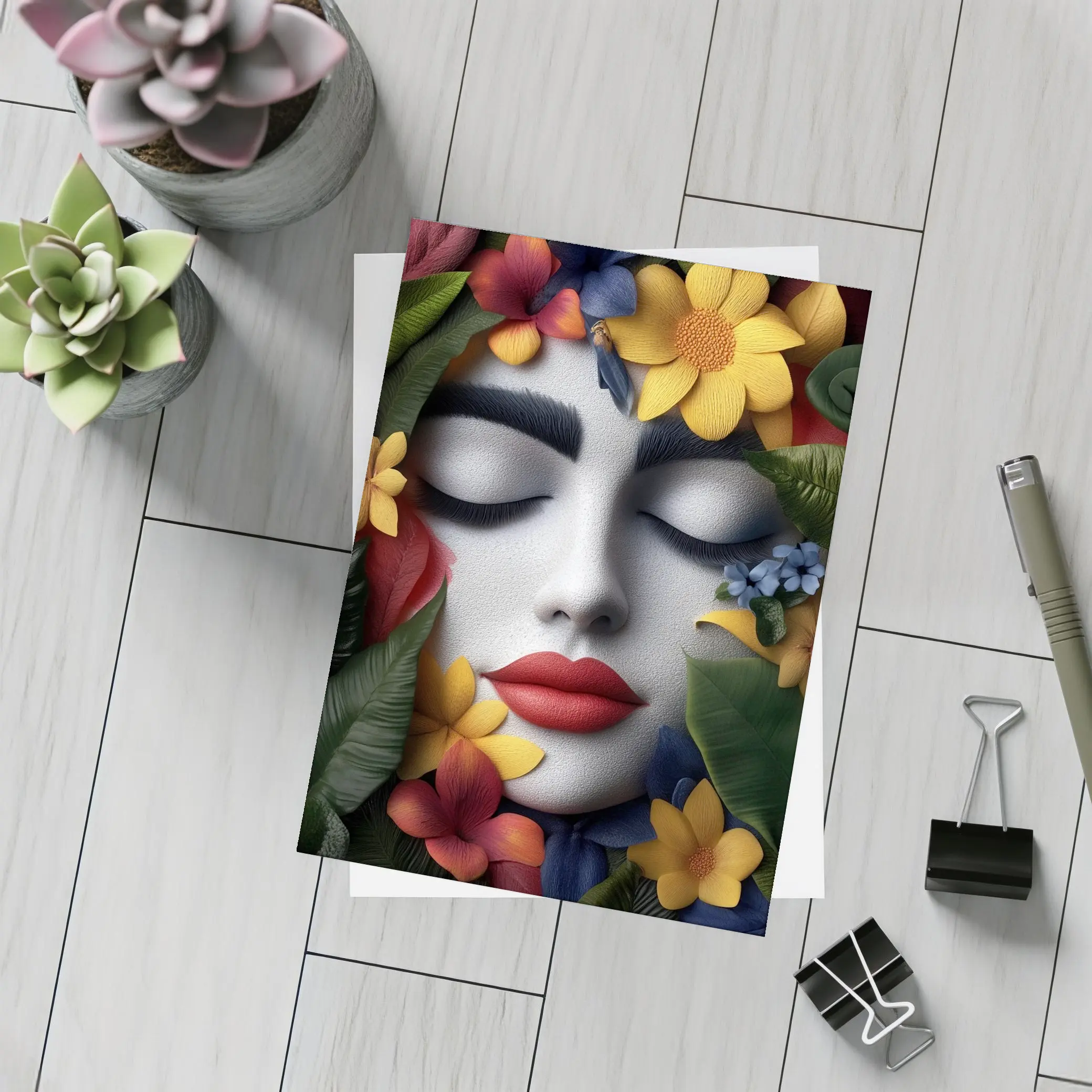 Woman Face Tropical Flowers Colorful Leaves – Postcards