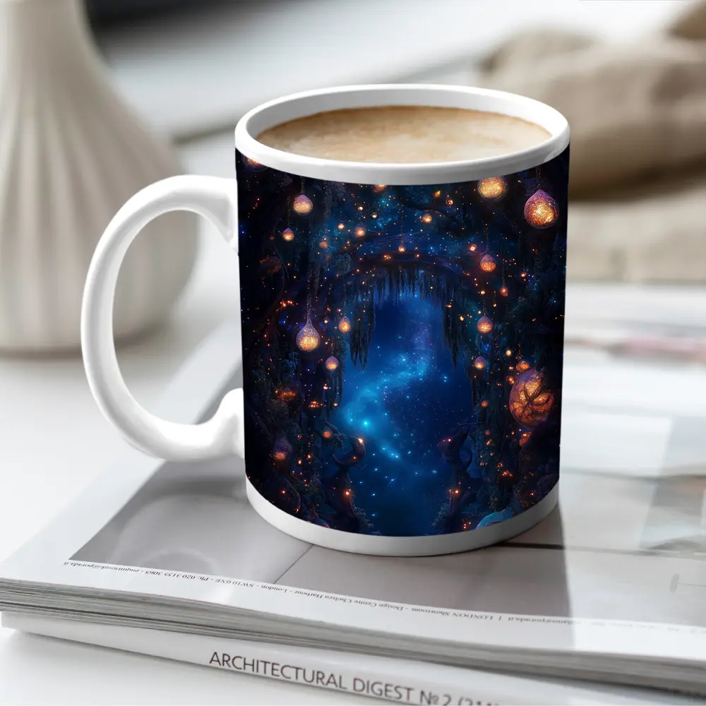 Fantasy Forest Arch Glowing Lanterns Night – Mugs