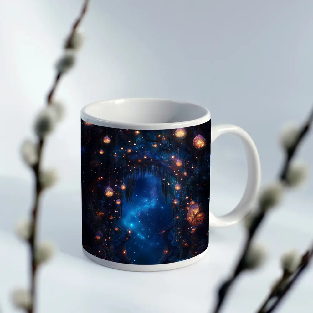 Fantasy Forest Arch Glowing Lanterns Night – Mugs