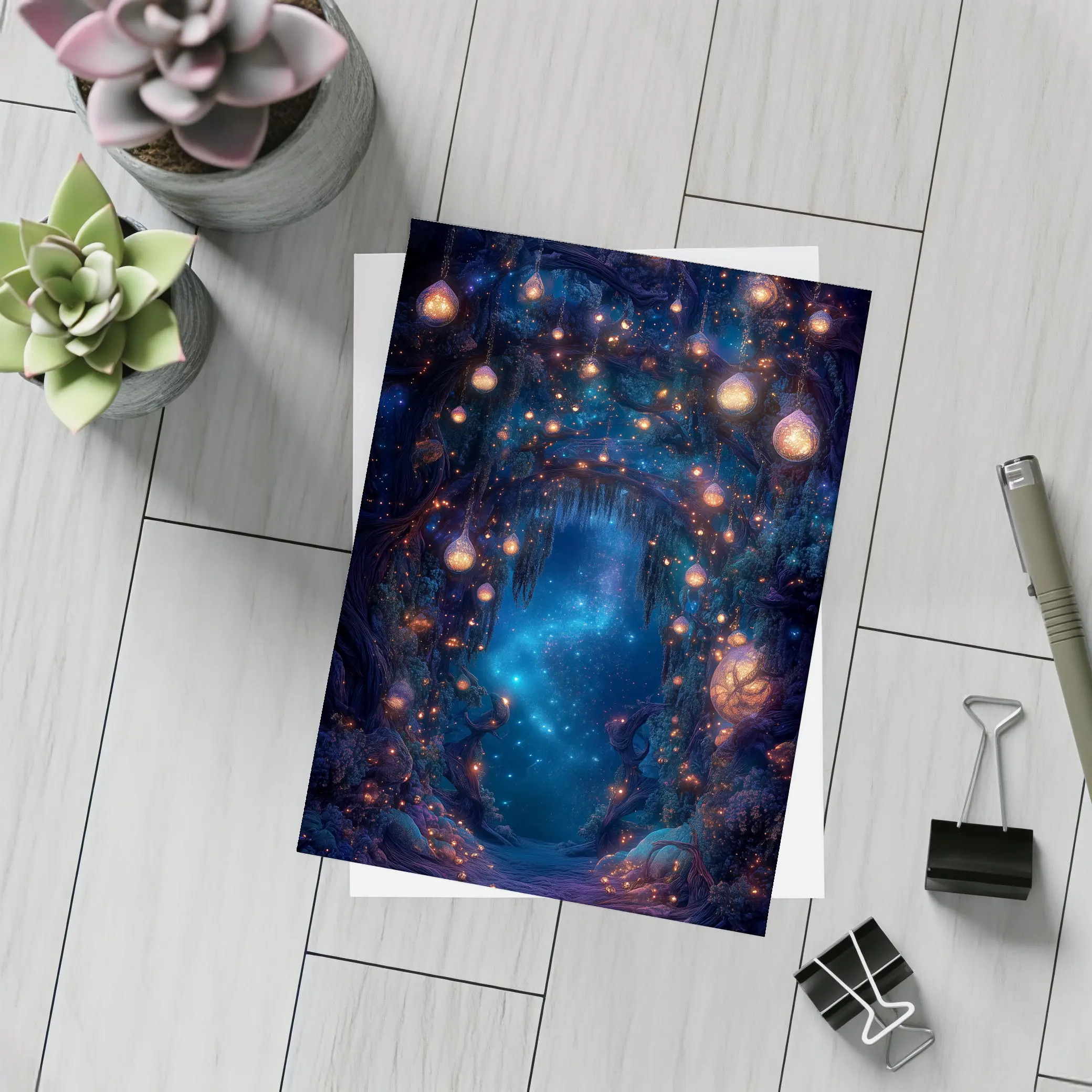 Fantasy Forest Arch Glowing Lanterns Night – Postcards