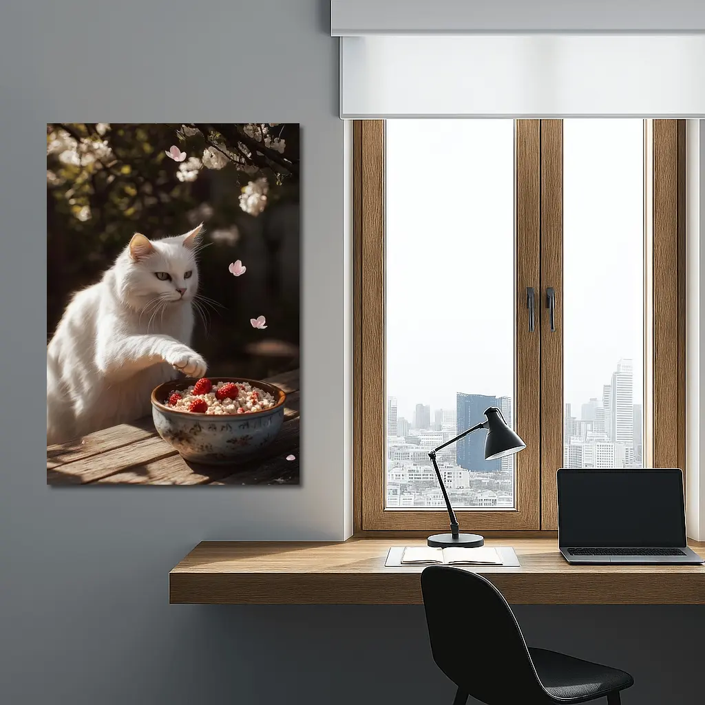 White Cat Cherry Blossoms Garden Bowl – Wall Art