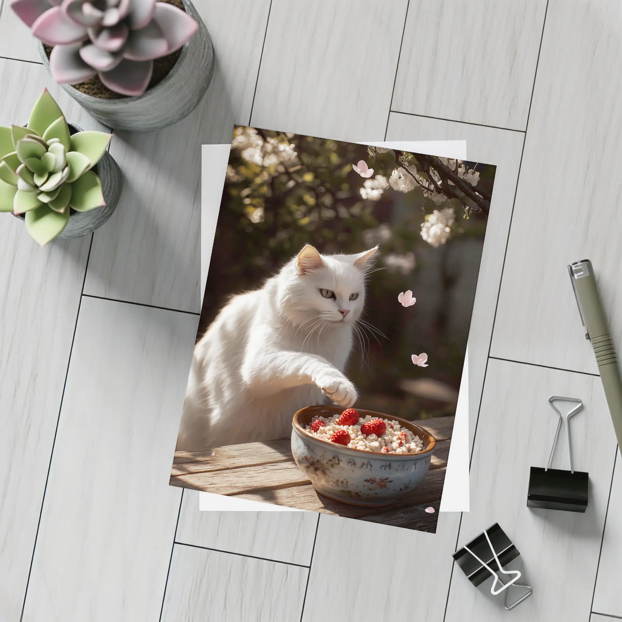 White Cat Cherry Blossoms Garden Bowl – Postcards