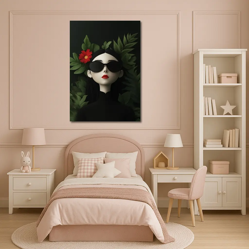 Dark Aesthetic Woman Sunglasses Red Flower Leaves – Wall Art