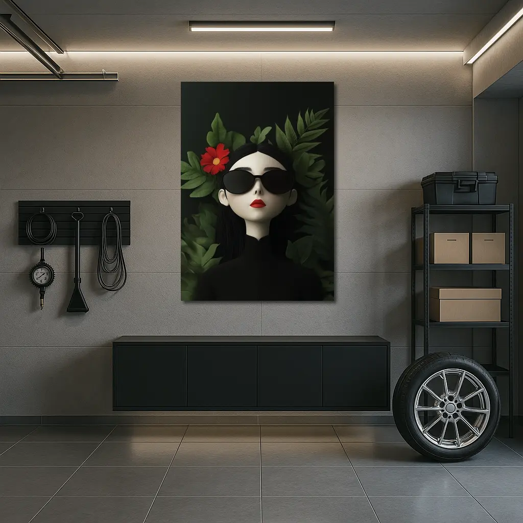 Dark Aesthetic Woman Sunglasses Red Flower Leaves – Wall Art
