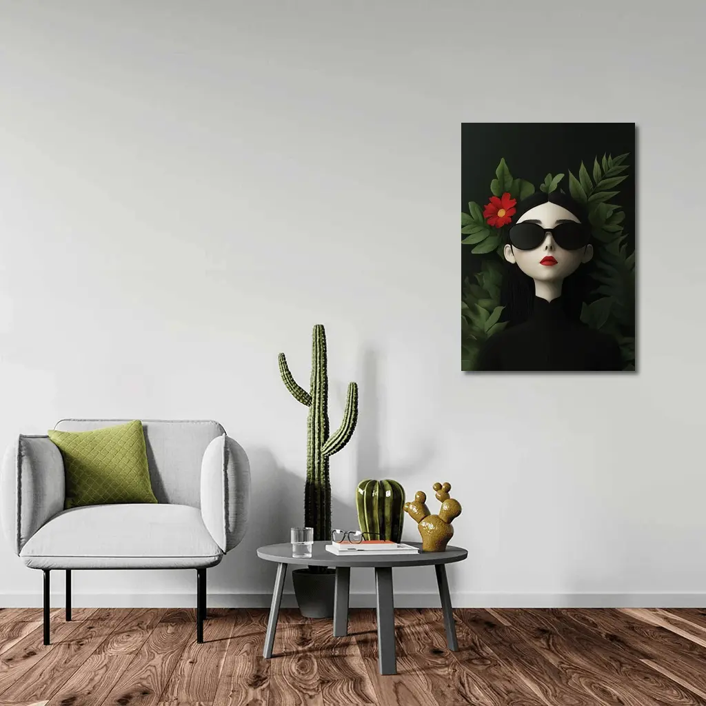 Dark Aesthetic Woman Sunglasses Red Flower Leaves – Wall Art