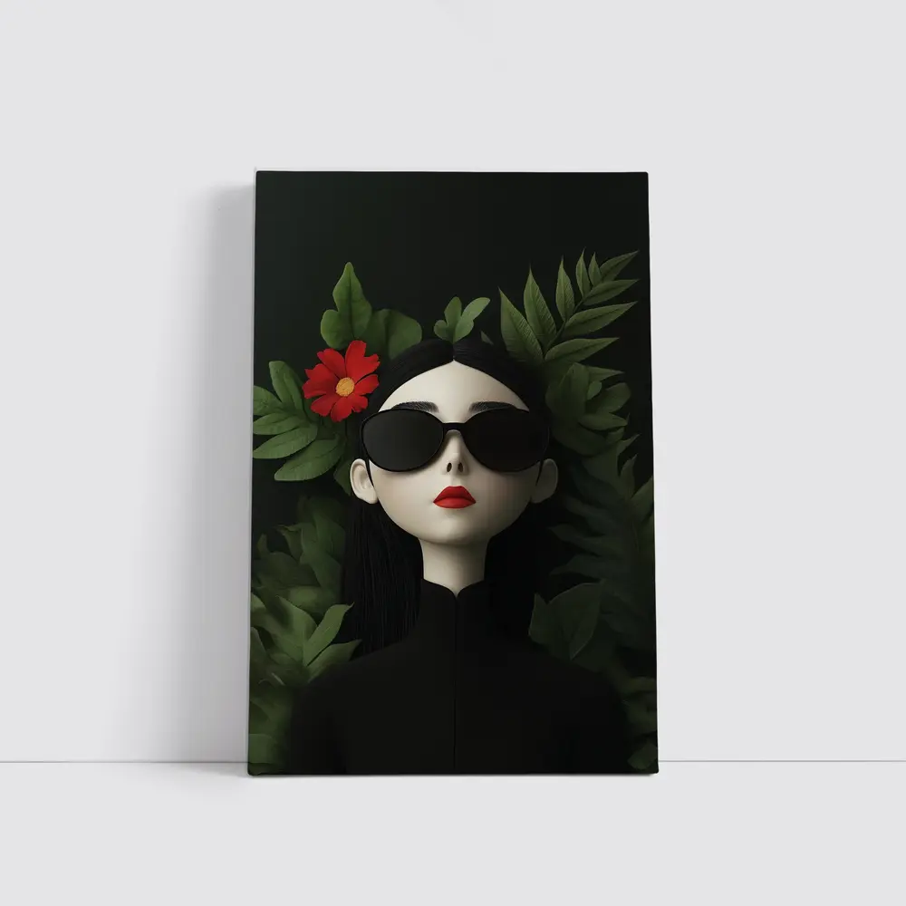 Dark Aesthetic Woman Sunglasses Red Flower Leaves – Wall Art