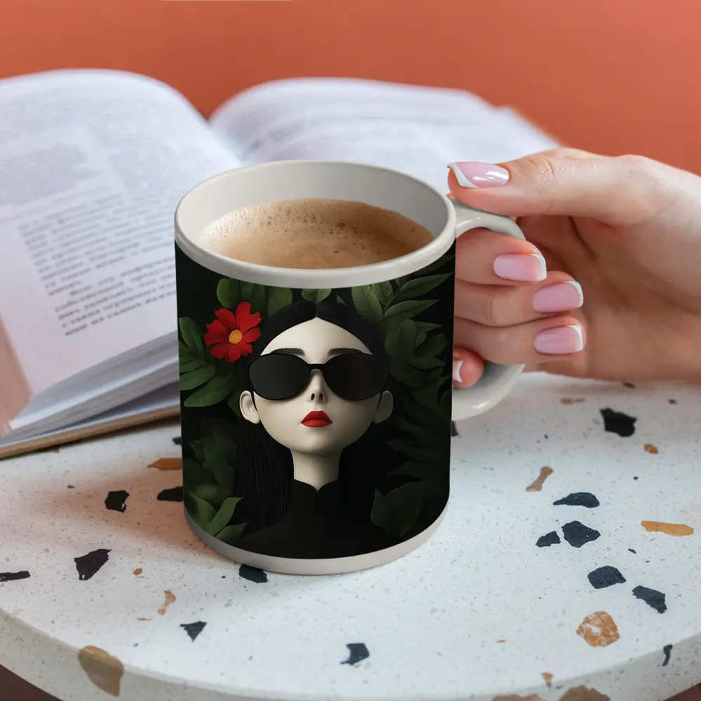 Dark Aesthetic Woman Sunglasses Red Flower Leaves – Mugs
