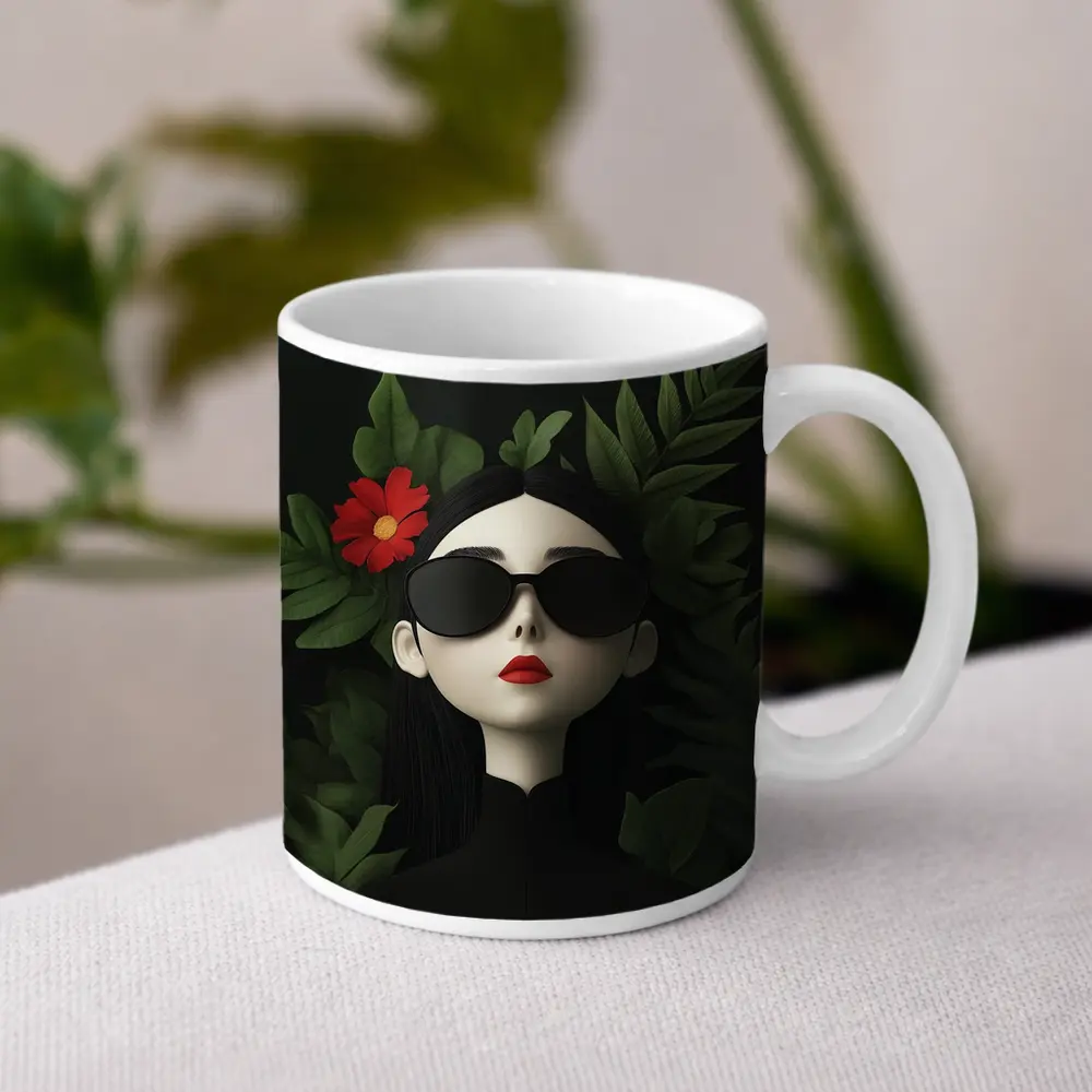 Dark Aesthetic Woman Sunglasses Red Flower Leaves – Mugs