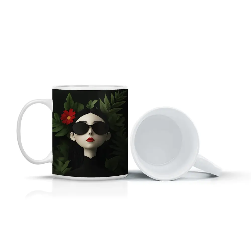 Dark Aesthetic Woman Sunglasses Red Flower Leaves – Mugs