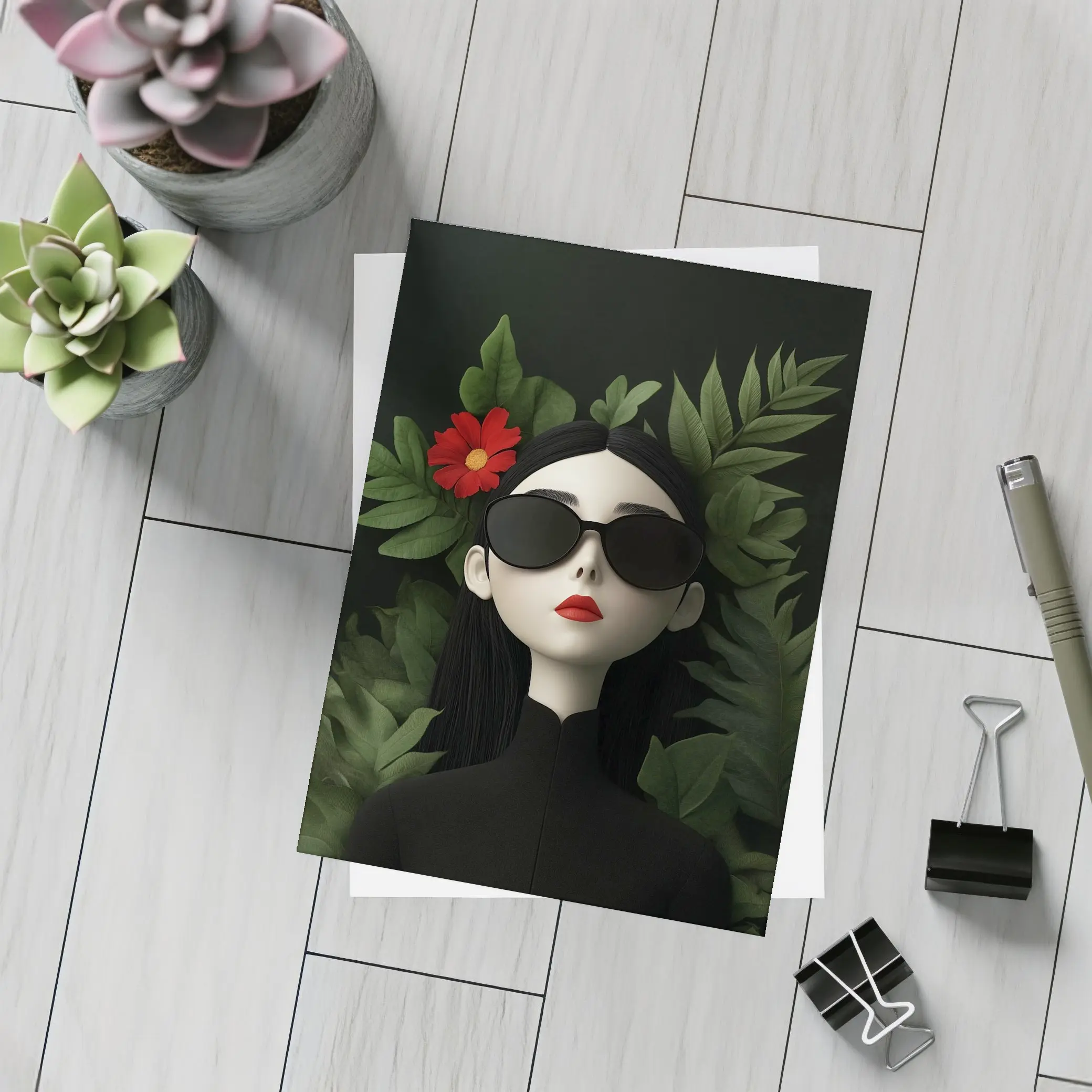 Dark Aesthetic Woman Sunglasses Red Flower Leaves – Postcards