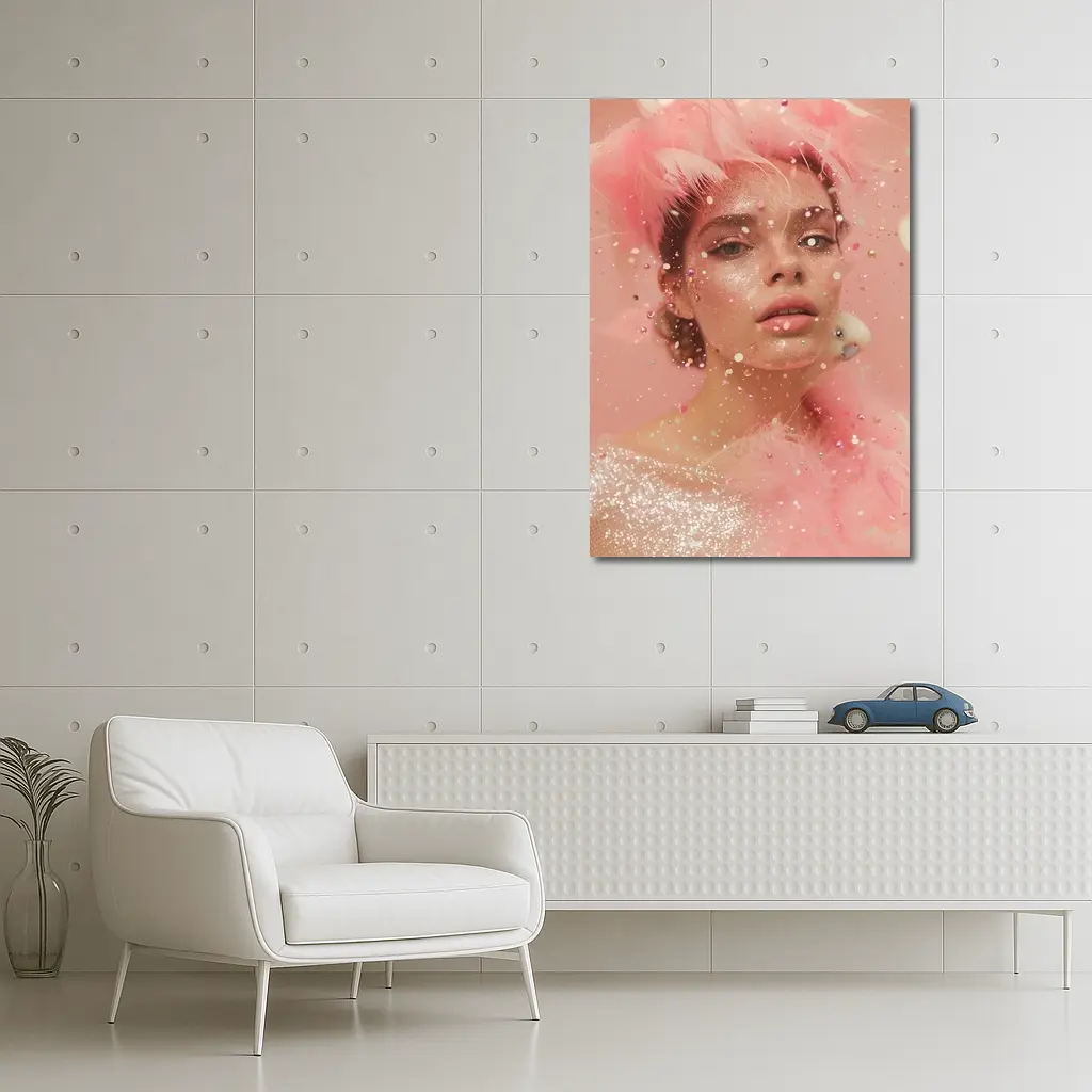 Pink Glitter Woman Portrait Feather Fashion – Wall Art