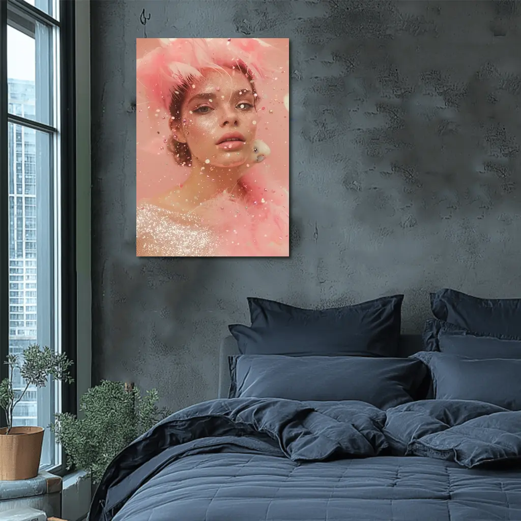 Pink Glitter Woman Portrait Feather Fashion – Wall Art