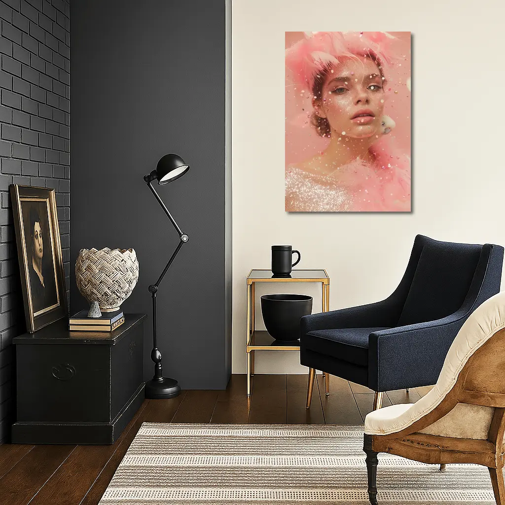 Pink Glitter Woman Portrait Feather Fashion – Wall Art