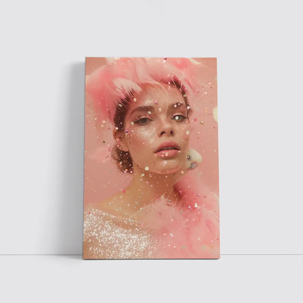 Pink Glitter Woman Portrait Feather Fashion – Wall Art