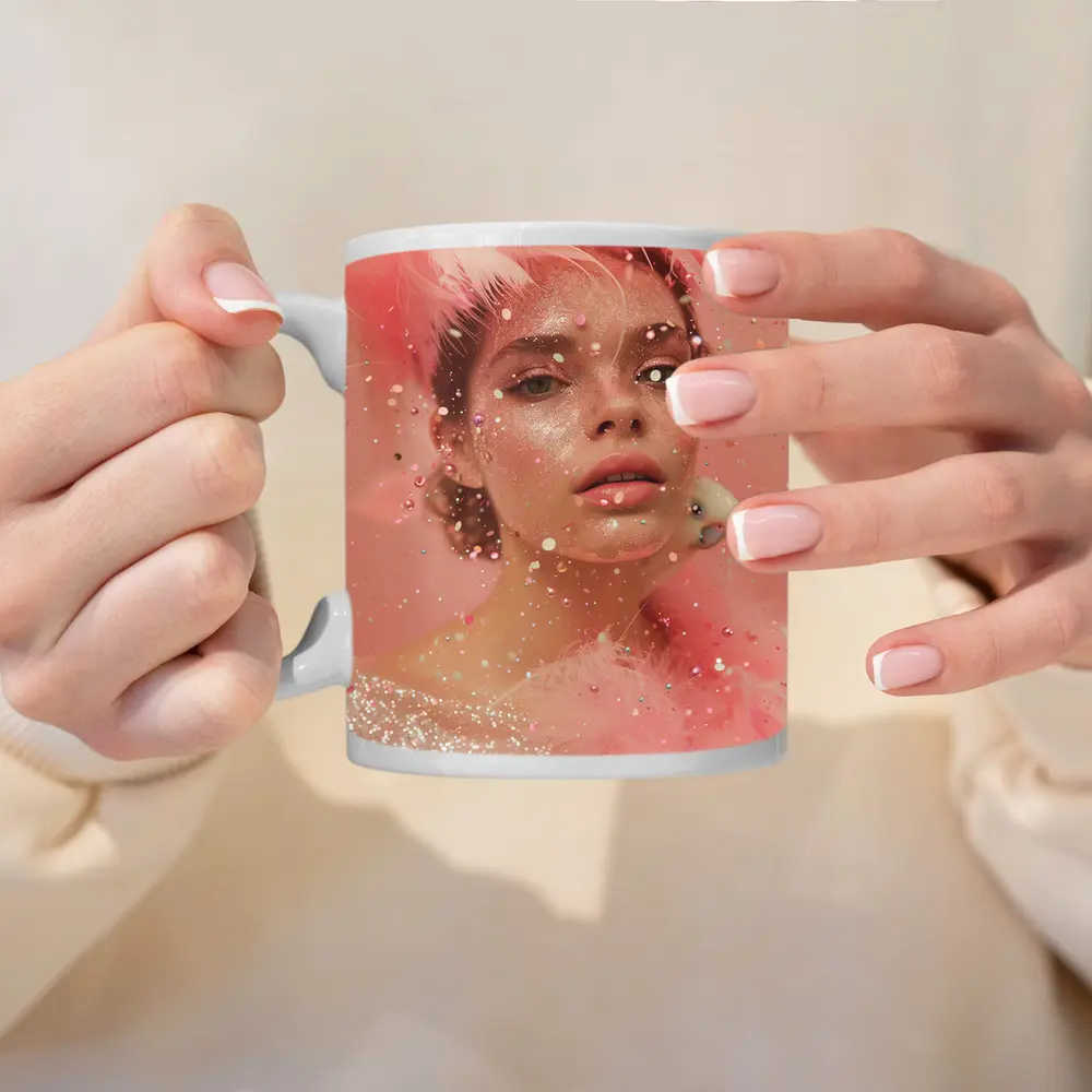 Pink Glitter Woman Portrait Feather Fashion – Mugs