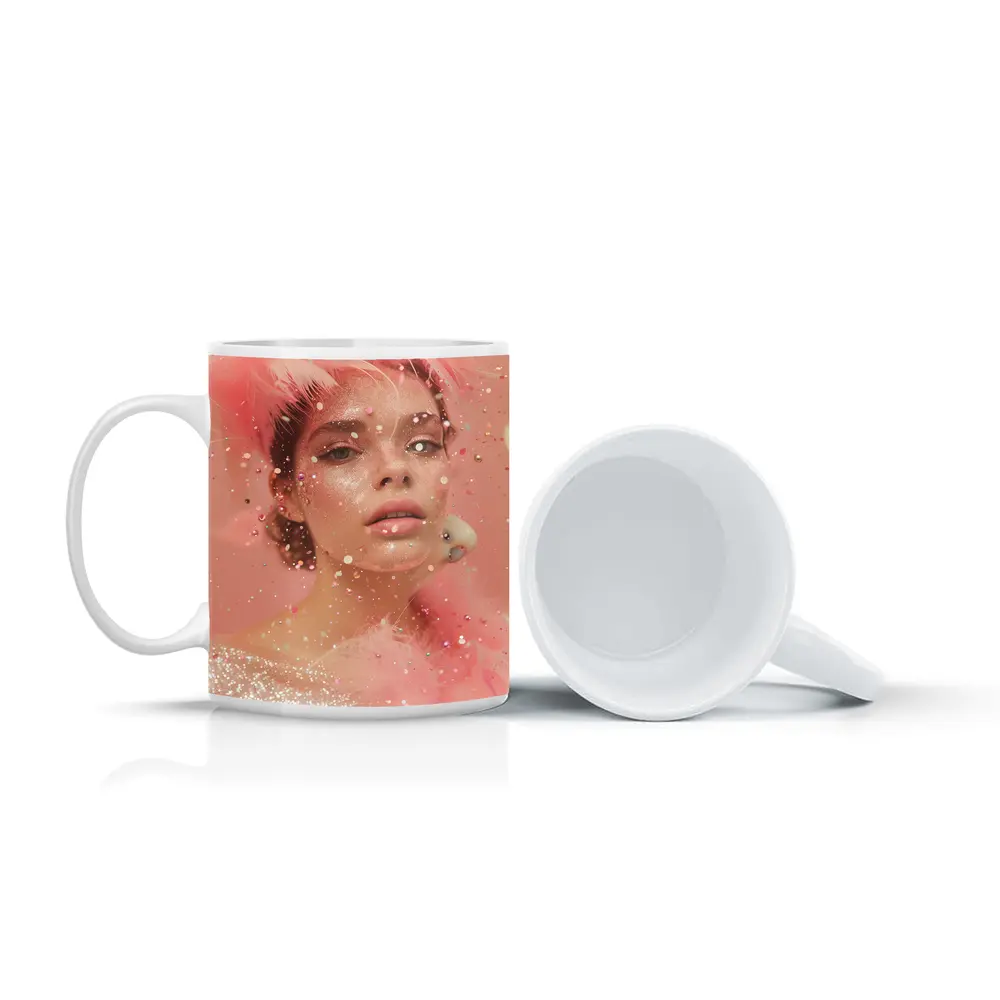 Pink Glitter Woman Portrait Feather Fashion – Mugs