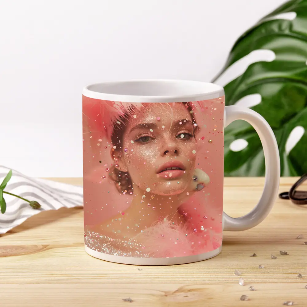 Pink Glitter Woman Portrait Feather Fashion – Mugs