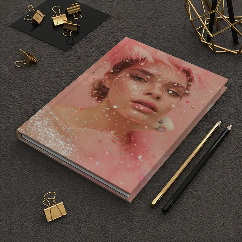 Pink Glitter Woman Portrait Feather Fashion – Notebooks