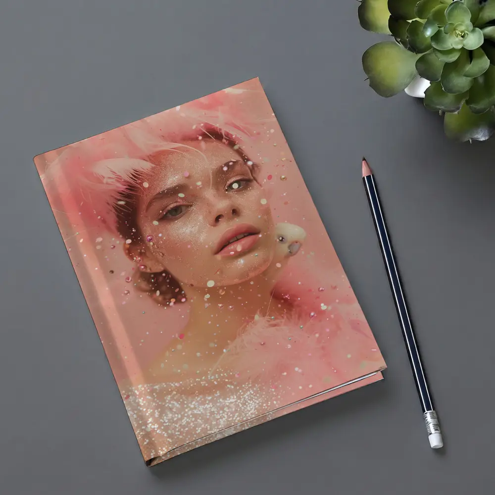 Pink Glitter Woman Portrait Feather Fashion – Notebooks