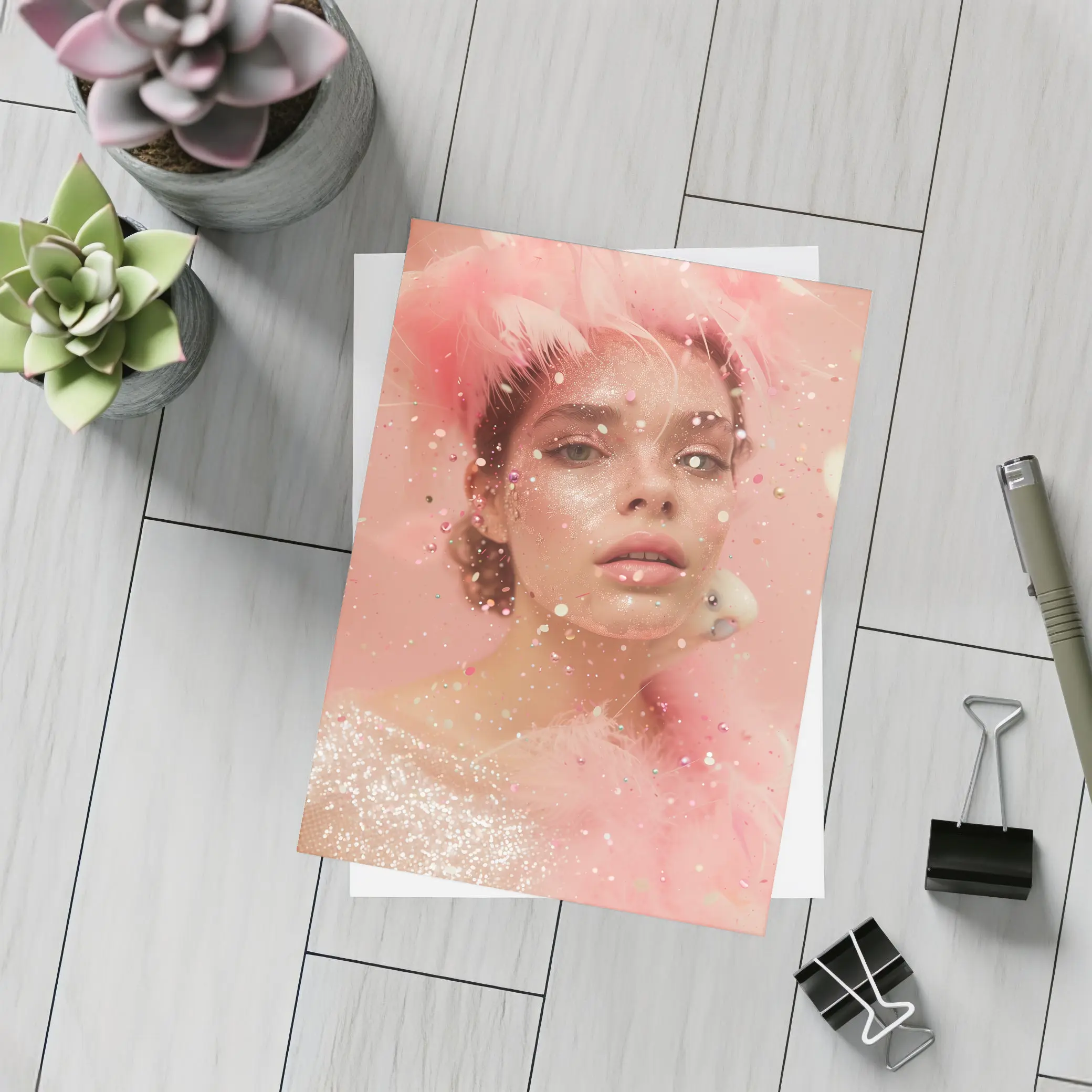 Pink Glitter Woman Portrait Feather Fashion – Postcards